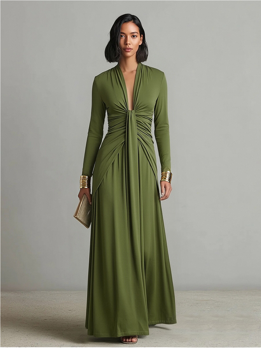 Robe Longue en Soie Élastique Verte Olive avec Décolleté en V Profond et Détails Volants, Robe Maxi Glamour