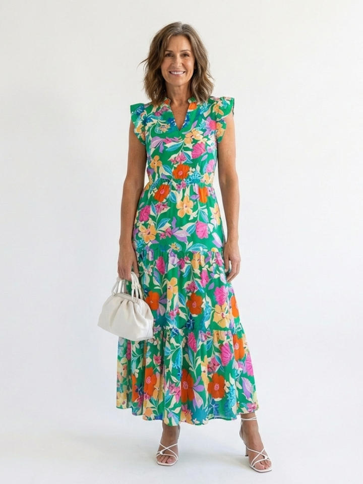 LILA | ROBE MIDI TIERED À COL V FLORAL