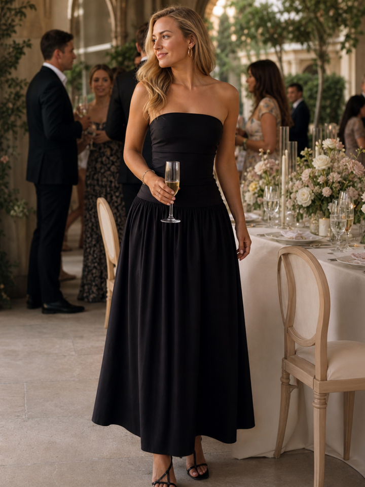 Zelene | Robe Midi Bustier à Corsage Froncé