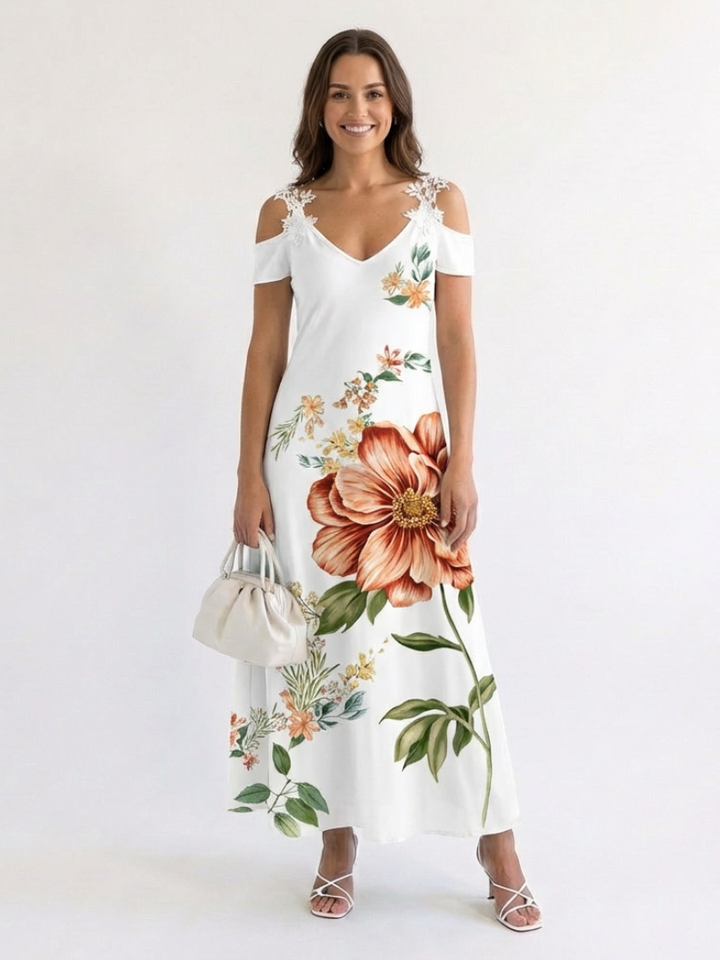 CAMILA | ROBE MAXI A-LINE FLORALE À ÉPAULES DÉNUDÉES