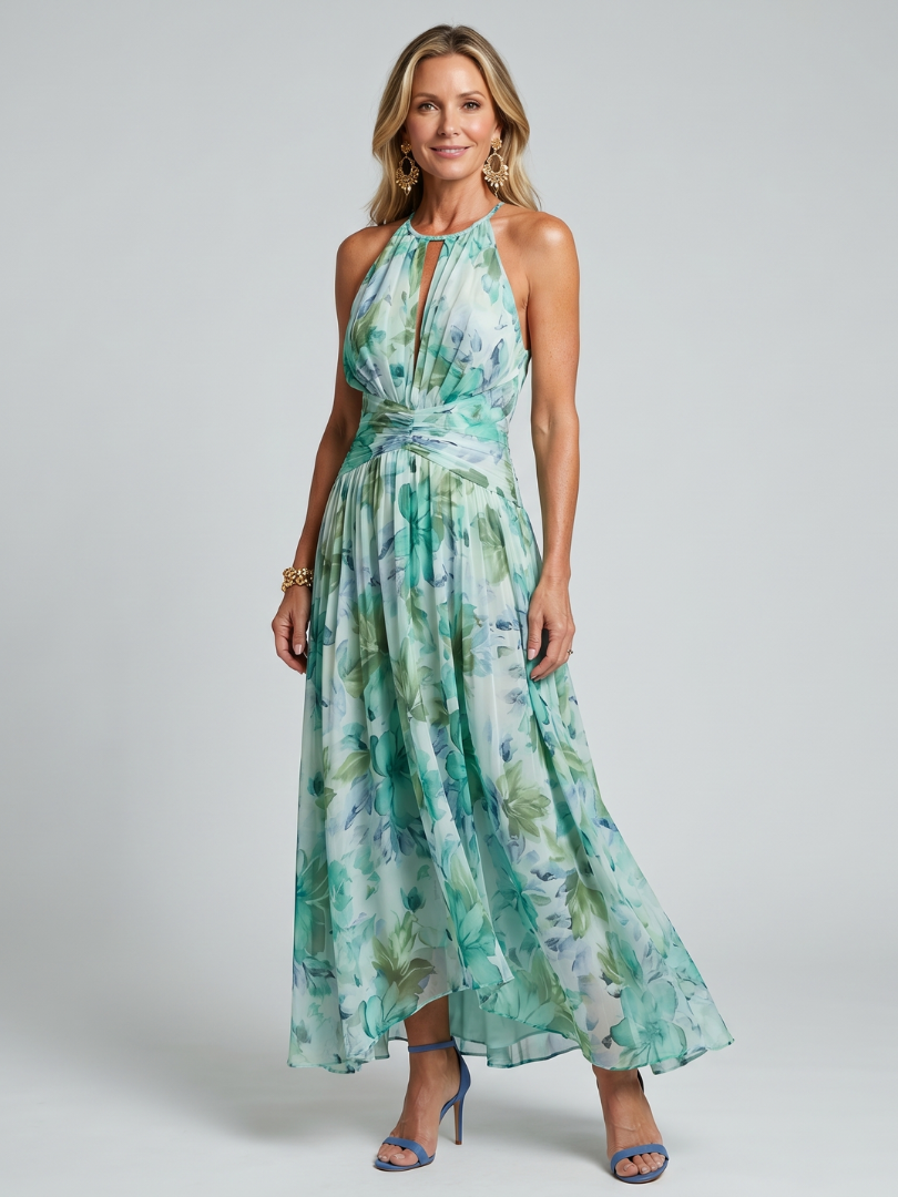 Portia | Robe Midi à Bretelles Plissée avec Motif Floral Doux