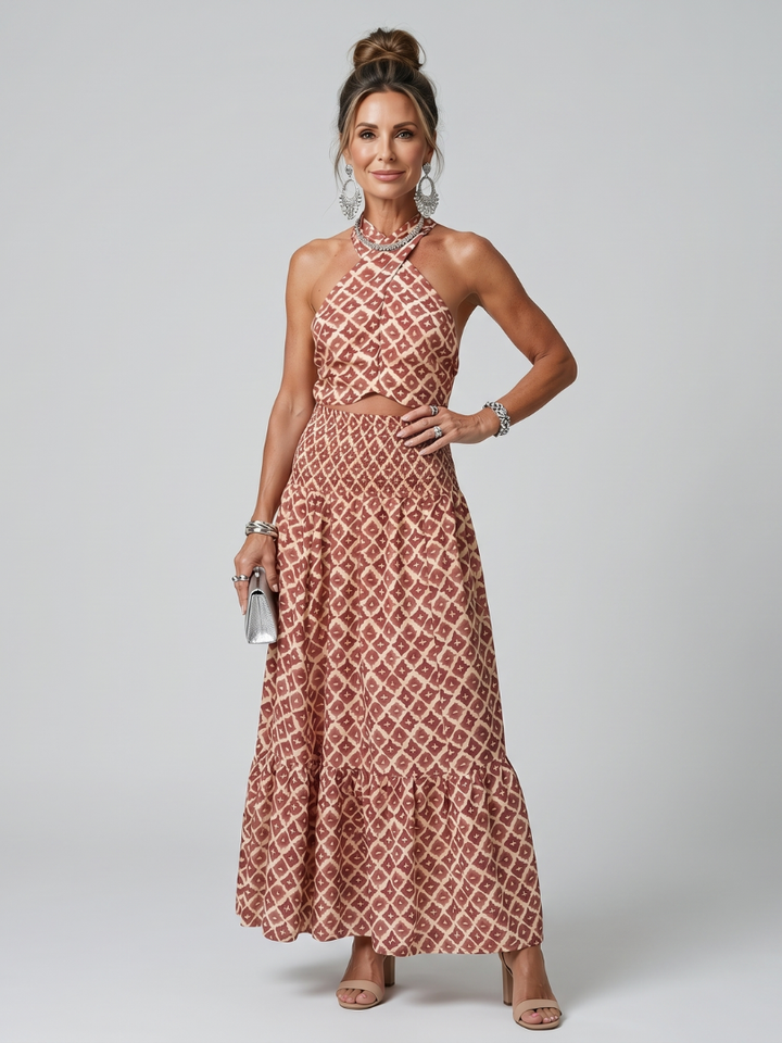 Amira | Robe midi découpée à imprimé géométrique et col croisé
