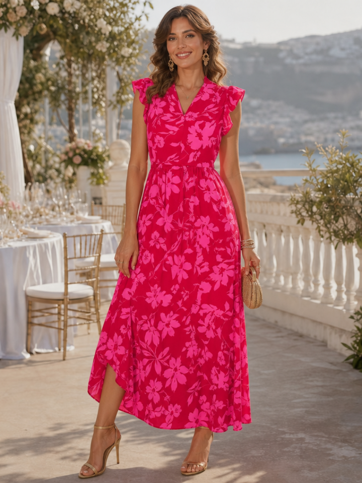 Zame | Robe Midi Sans Manches à Col en V avec Volants