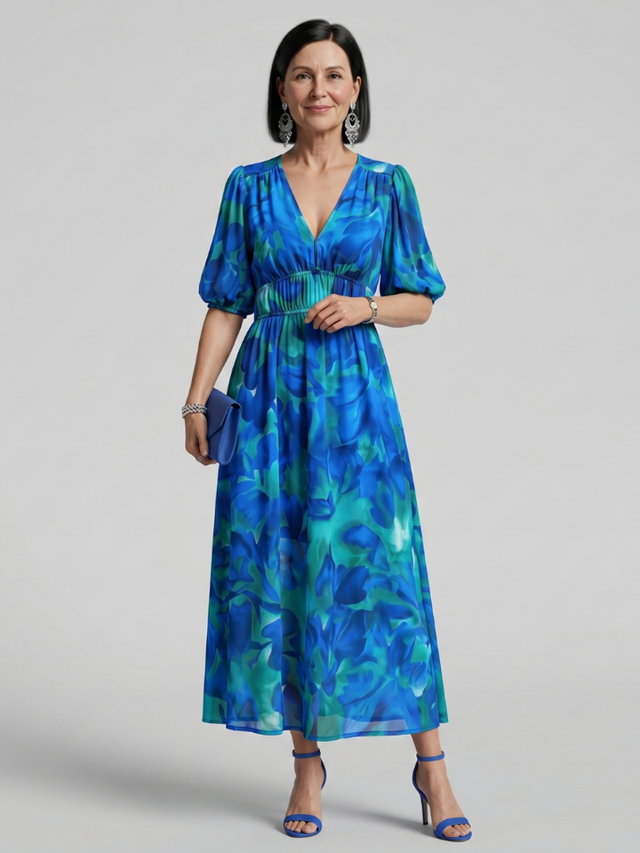 Candlia | Robe Midi à Imprimé Abstrait et Manches Bouffantes en V