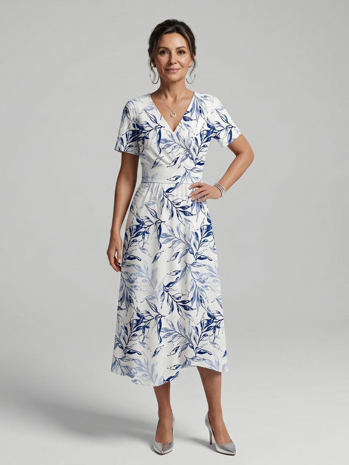 Kael | Robe Midi à Imprimé Botanique Doux avec Décolleté en V