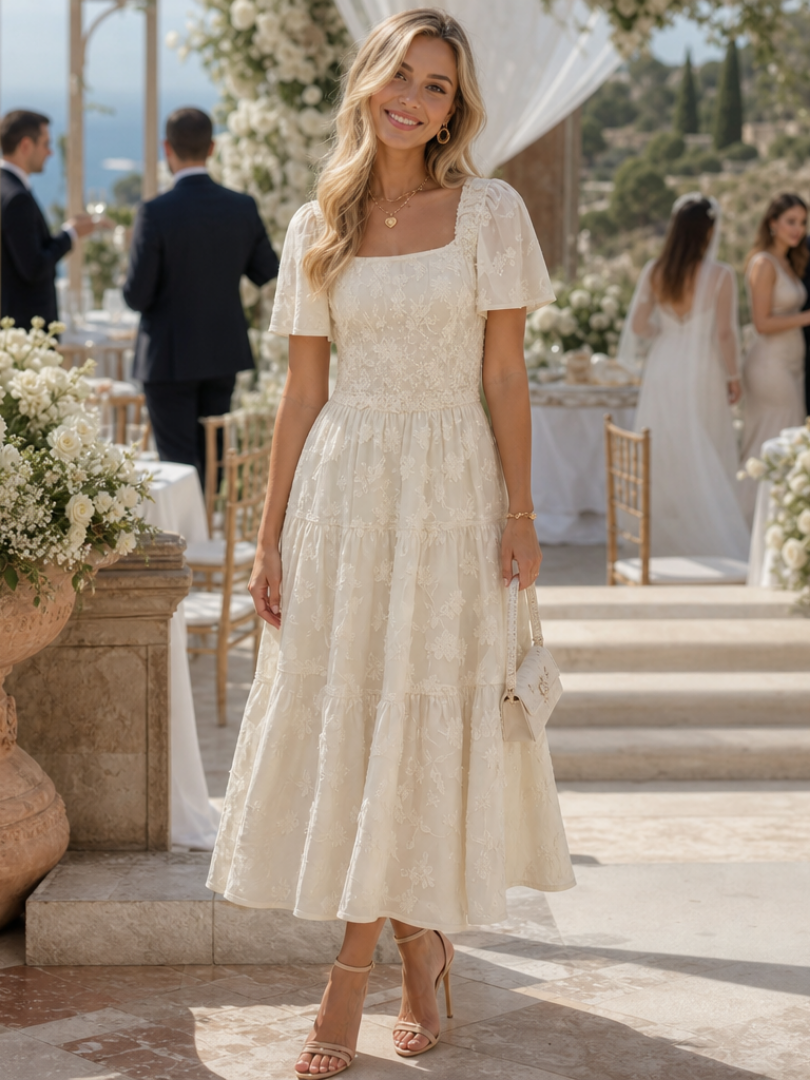 Elaria | Robe Midi à Manches Courtes et Détail Floral Texturé