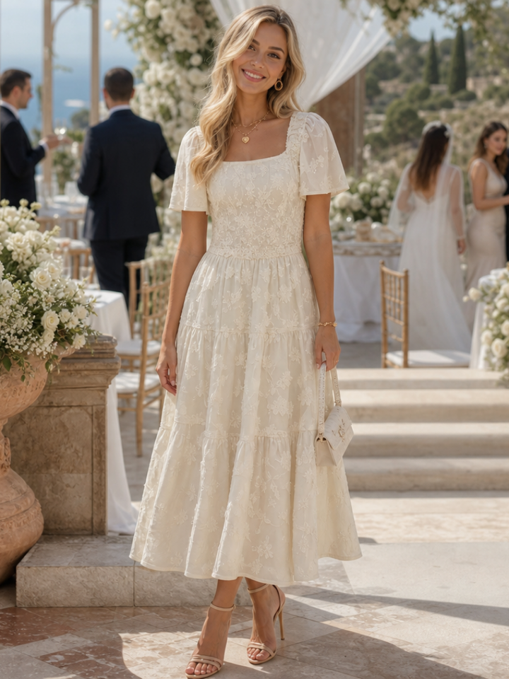 Elaria | Robe Midi à Manches Courtes et Détail Floral Texturé