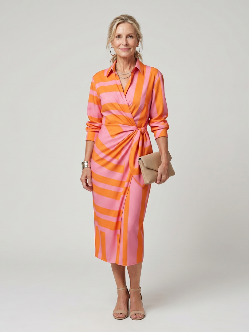 Leya | Robe midi à rayures avec col et manches longues