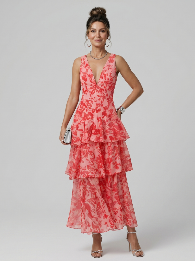 Gala | Robe Midi Sans Manches à Décolleté V Profond avec Motif Peint
