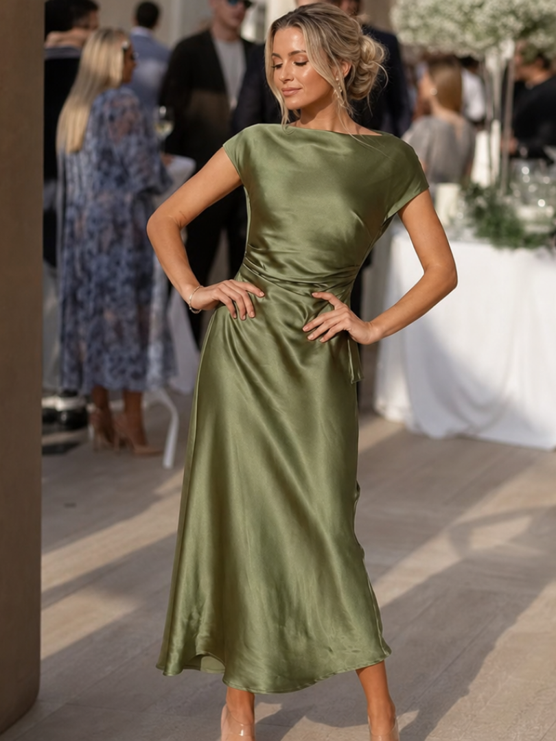 Elure | Robe Midi à Col Bateau et Manches Courtes Ajustée