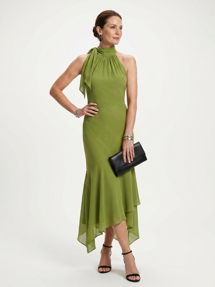 Winifred | Robe Midi Halter Drapée avec Ouverture en Clé