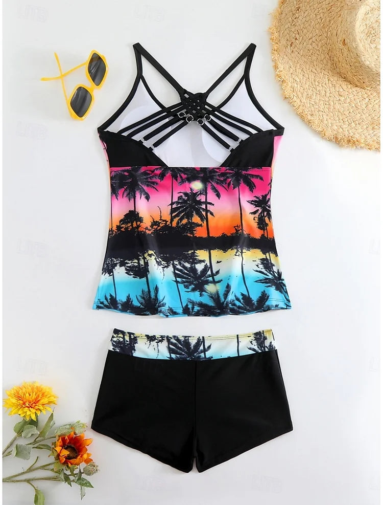 La Havane | Ensemble de tankini avec imprimé tropical et shorts de bain