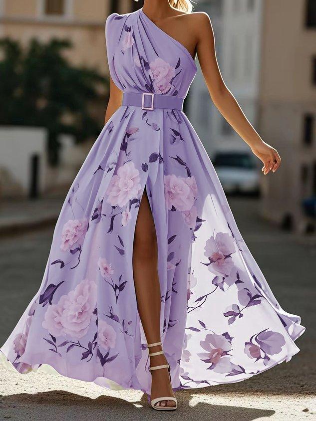 Julie | Robe Maxi Chiffon Floral Vert Clair à Une Épaule
