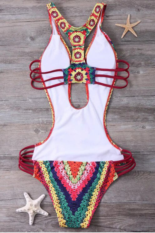 Maillot de Bain Une Pièce avec Imprimé Crochet et Dos Nu