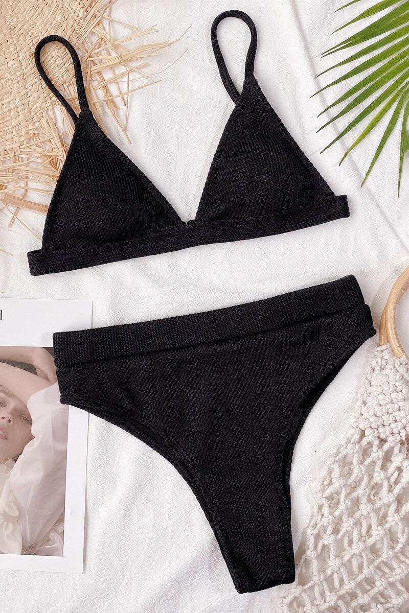 Bikini à Côtes avec Haut Triangle et Culotte Taille Haute