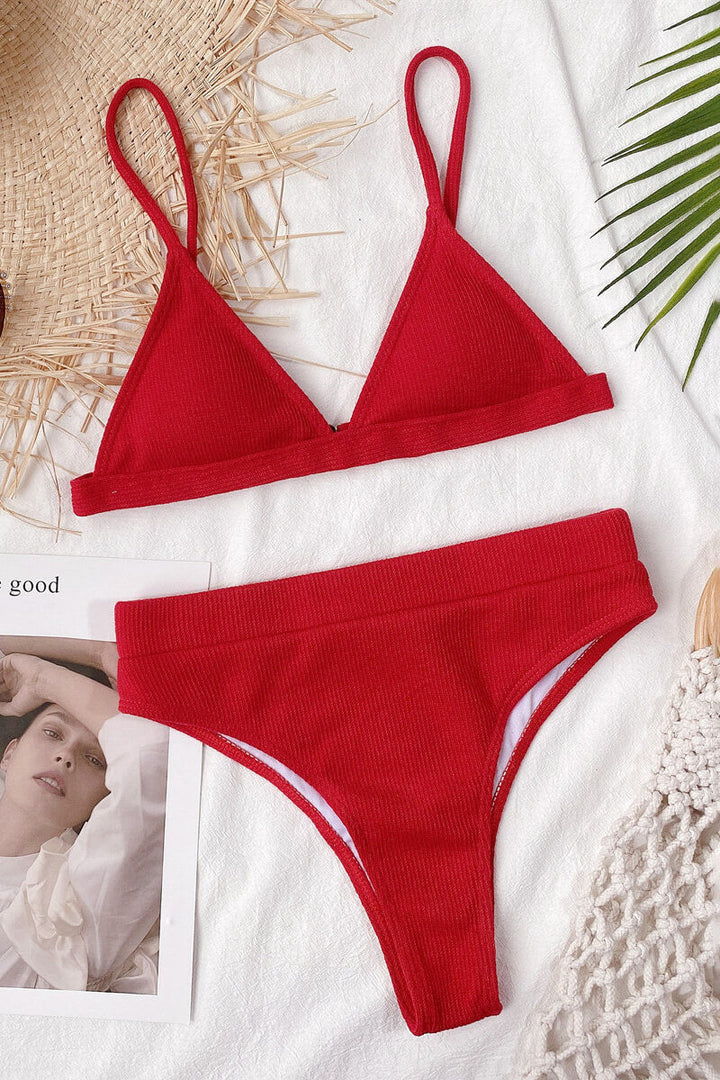 Bikini à Côtes avec Haut Triangle et Culotte Taille Haute