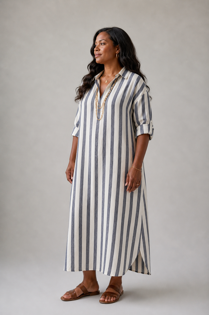 Naomi | Robe Chemise Midi à Manches Longues Rayée
