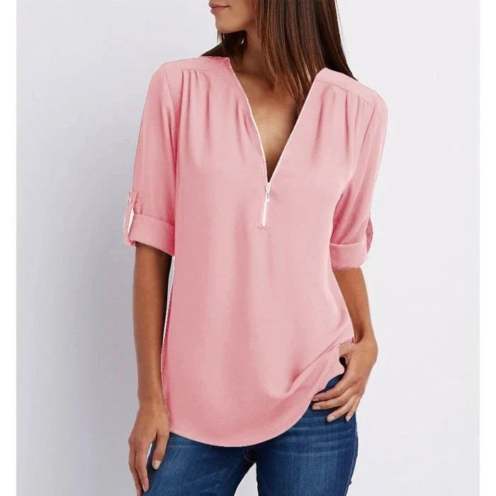 Lucas|Blouse à manches 3/4 en vrac avec fermeture éclair