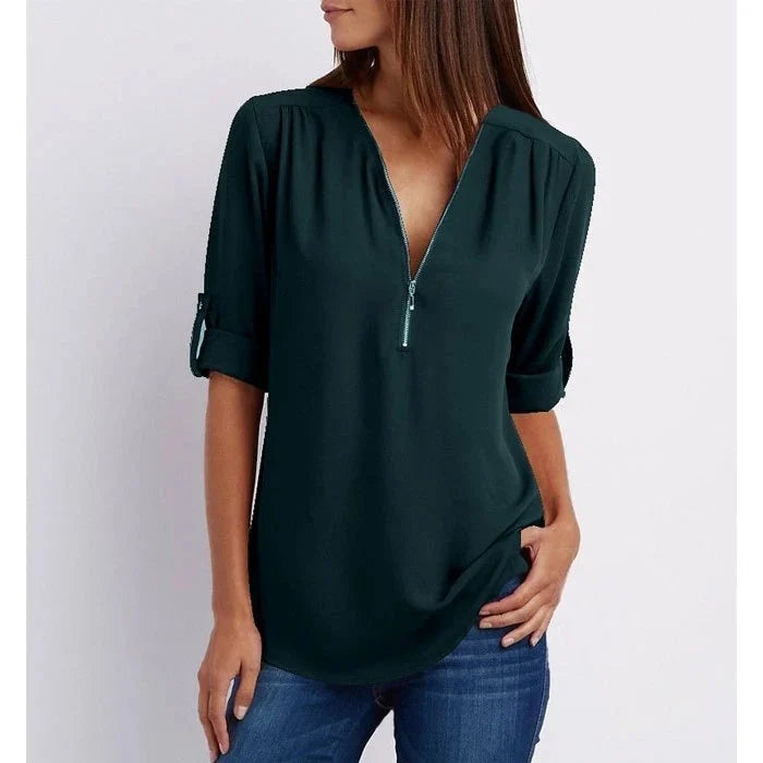 Lucas|Blouse à manches 3/4 en vrac avec fermeture éclair
