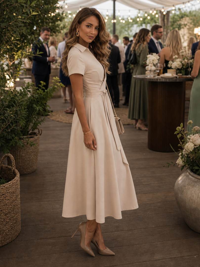 Eleq | Robe Midi à Manches Courtes et Col Chemise avec Taille Croisée