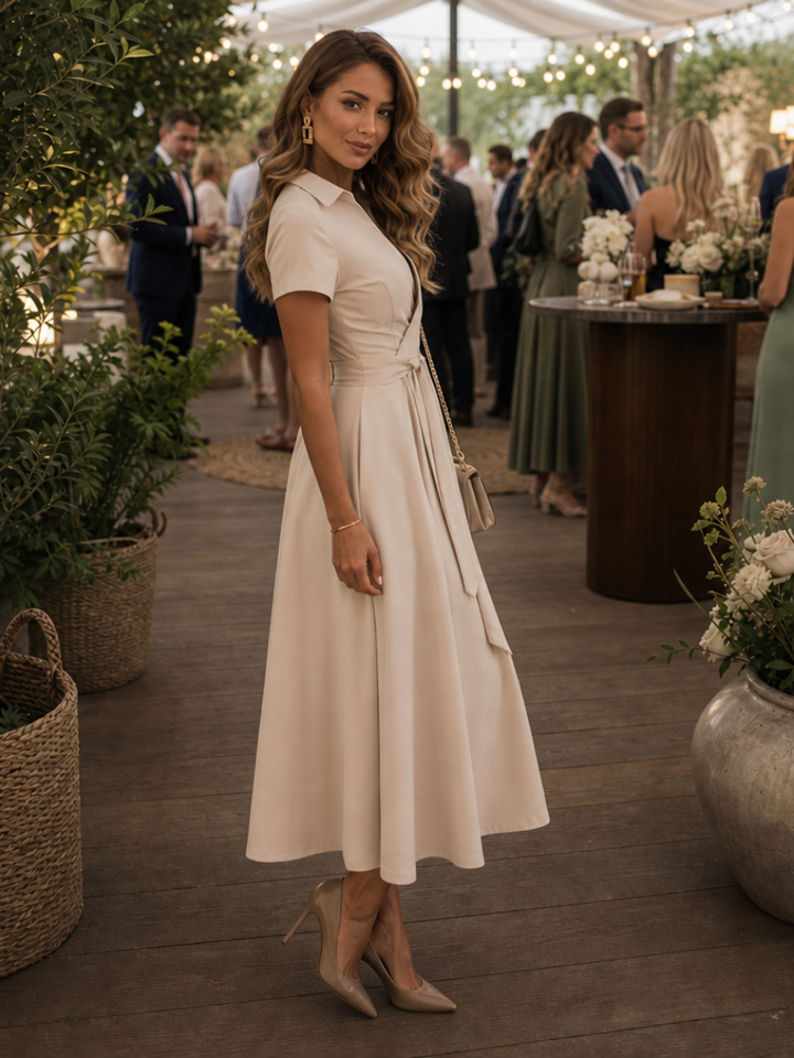 Eleq | Robe Midi à Manches Courtes et Col Chemise avec Taille Croisée