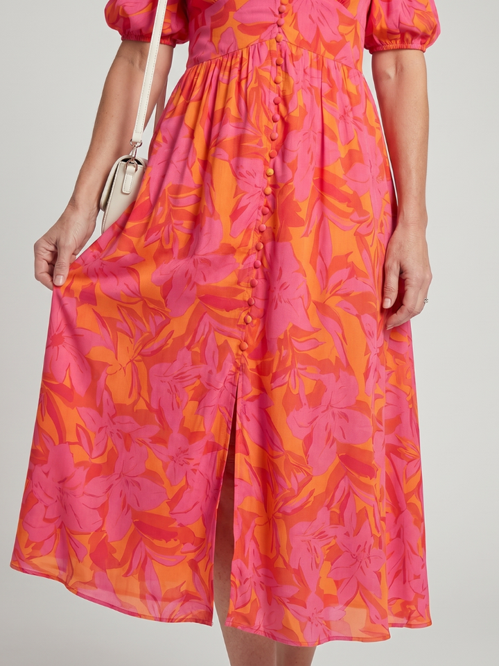 Zarelle | Robe Midi à Manches Bouffantes et Imprimé Floral Audacieux