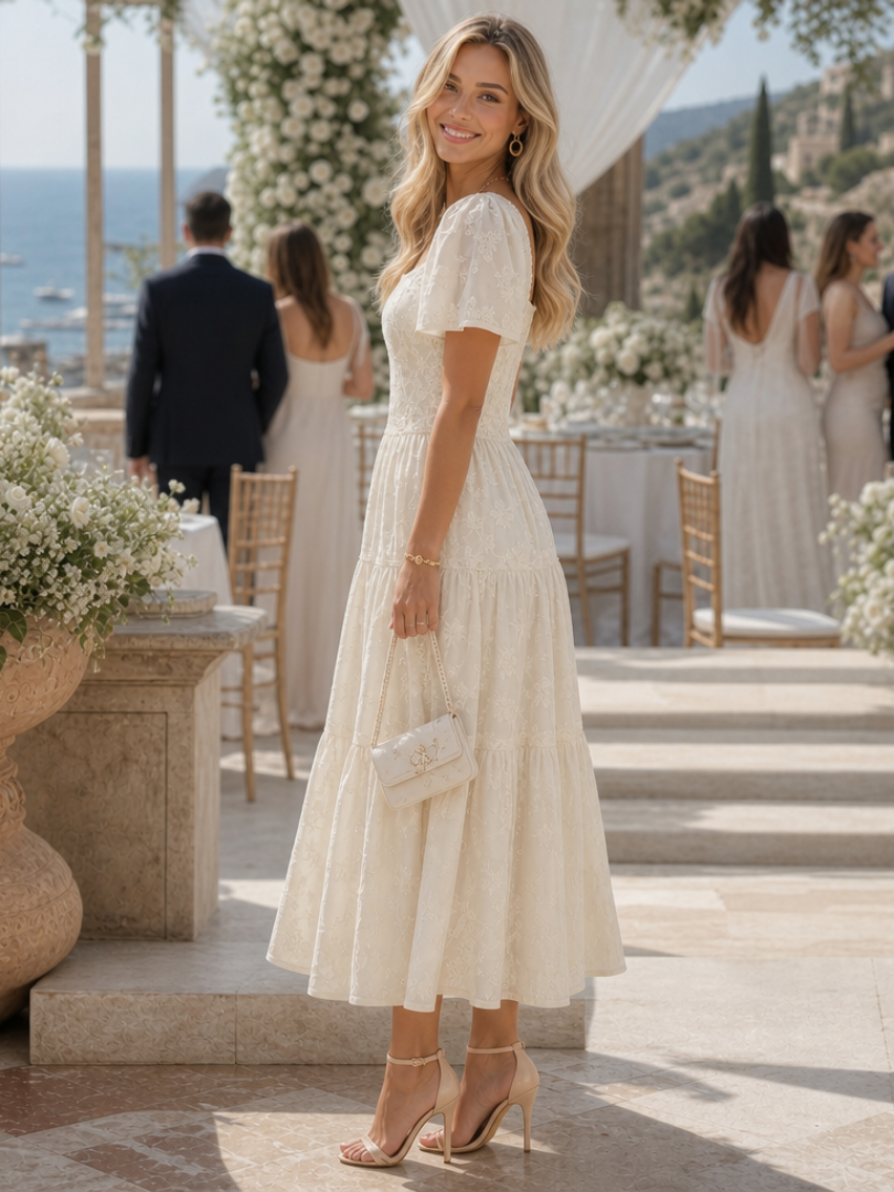 Elaria | Robe Midi à Manches Courtes et Détail Floral Texturé