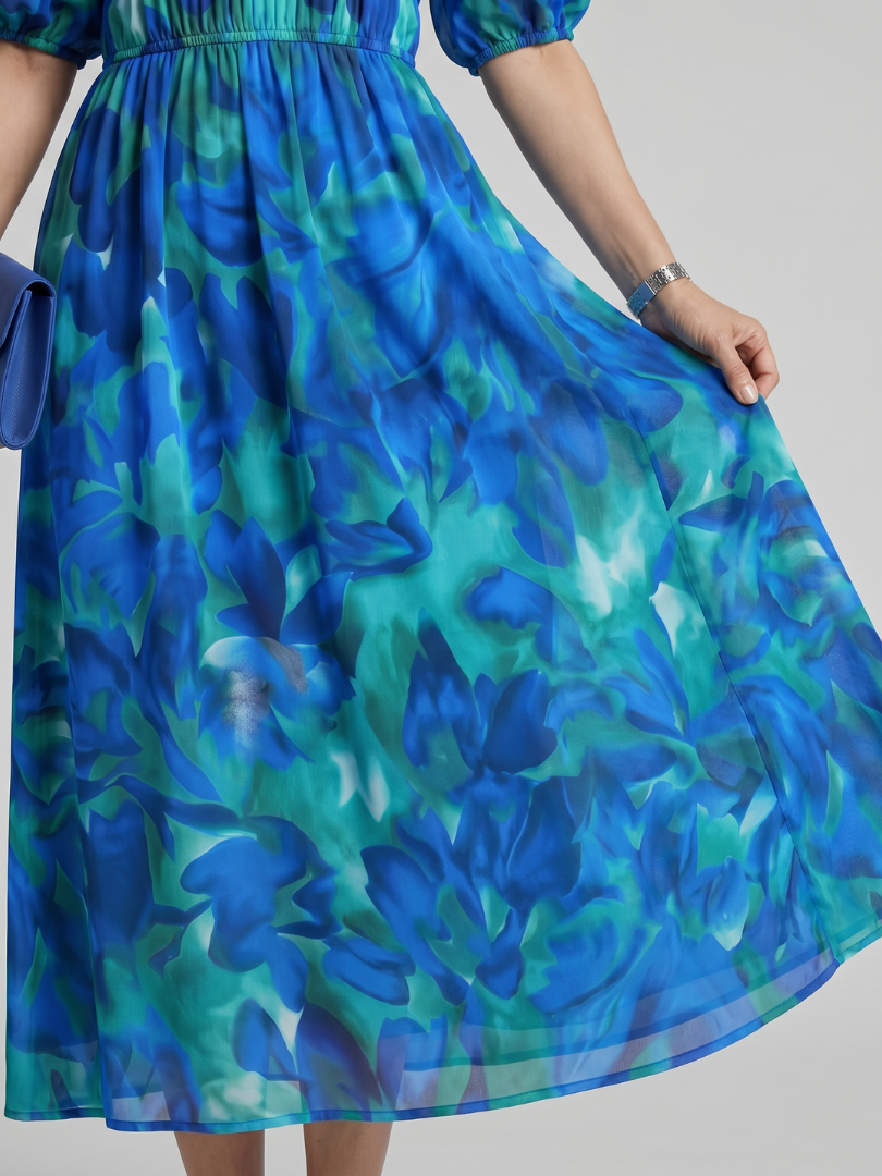 Candlia | Robe Midi à Imprimé Abstrait et Manches Bouffantes en V
