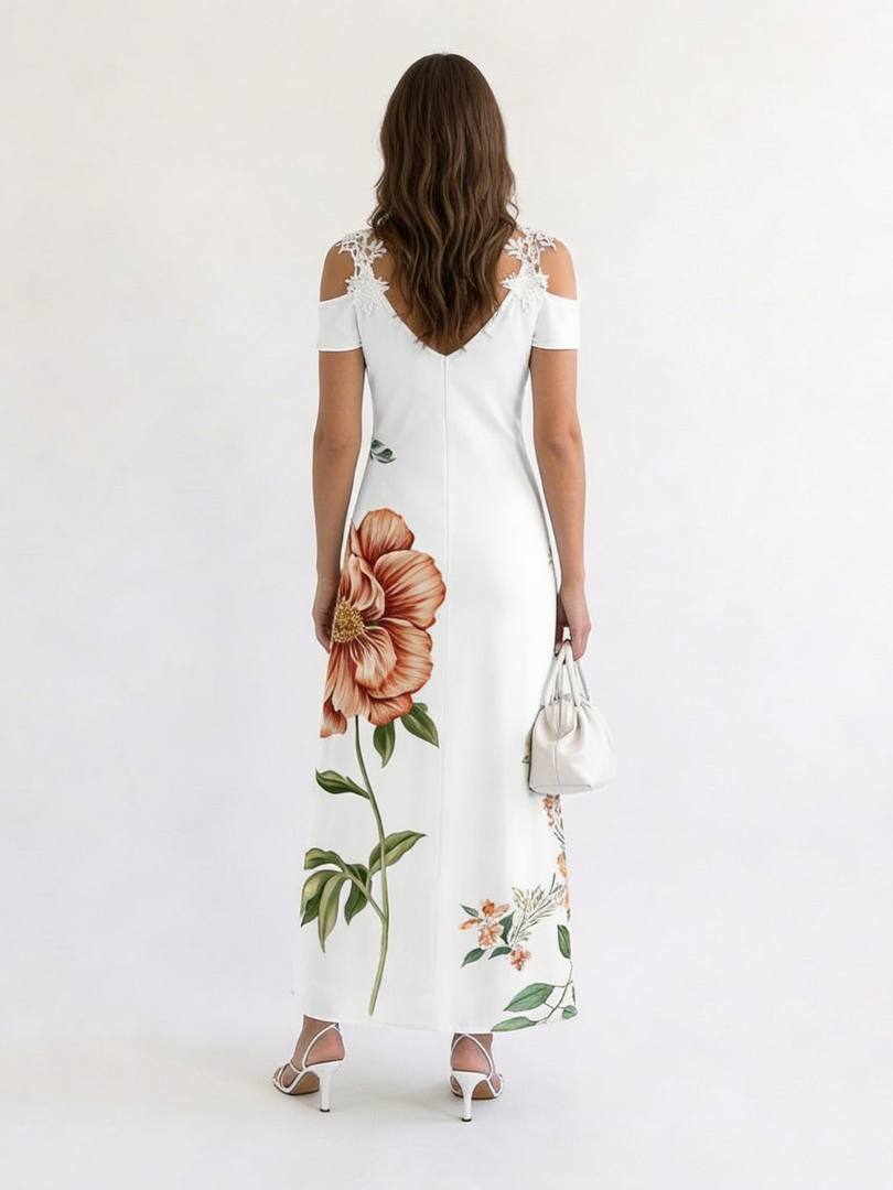 CAMILA | ROBE MAXI A-LINE FLORALE À ÉPAULES DÉNUDÉES