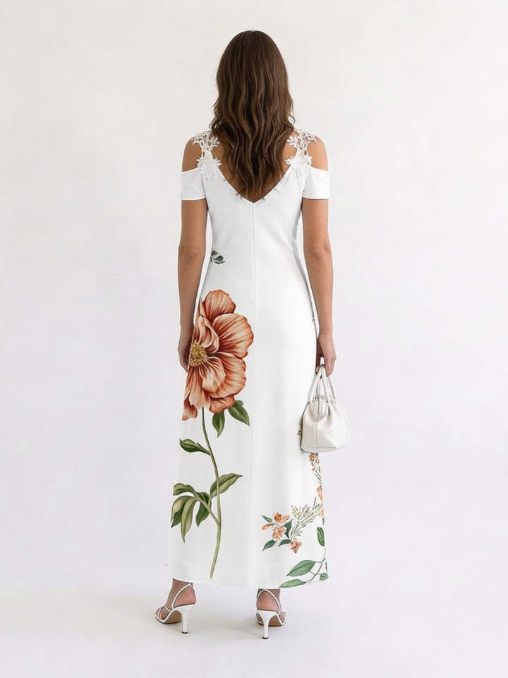 CAMILA | ROBE MAXI A-LINE FLORALE À ÉPAULES DÉNUDÉES