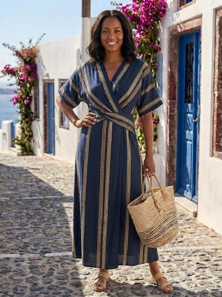 Saphira | Robe midi à manches courtes en V à rayures