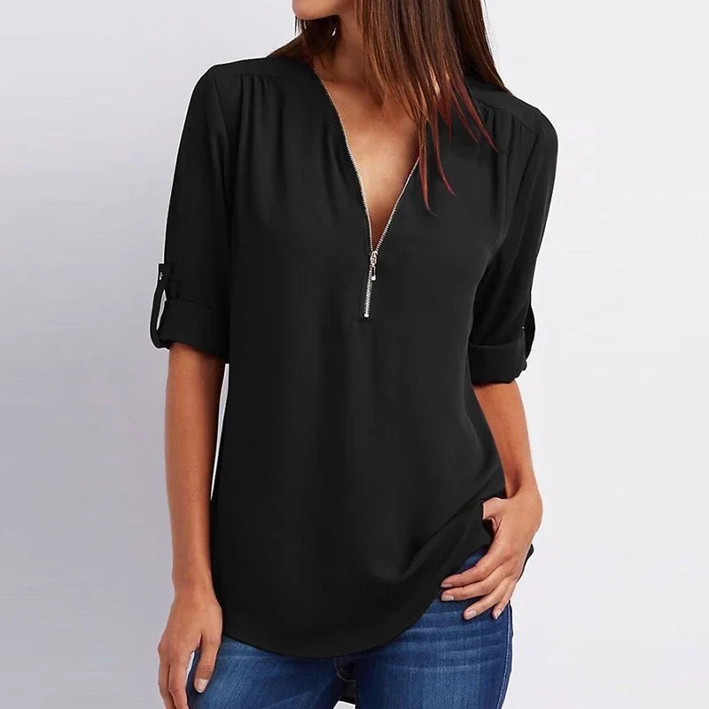 Lucas|Blouse à manches 3/4 en vrac avec fermeture éclair