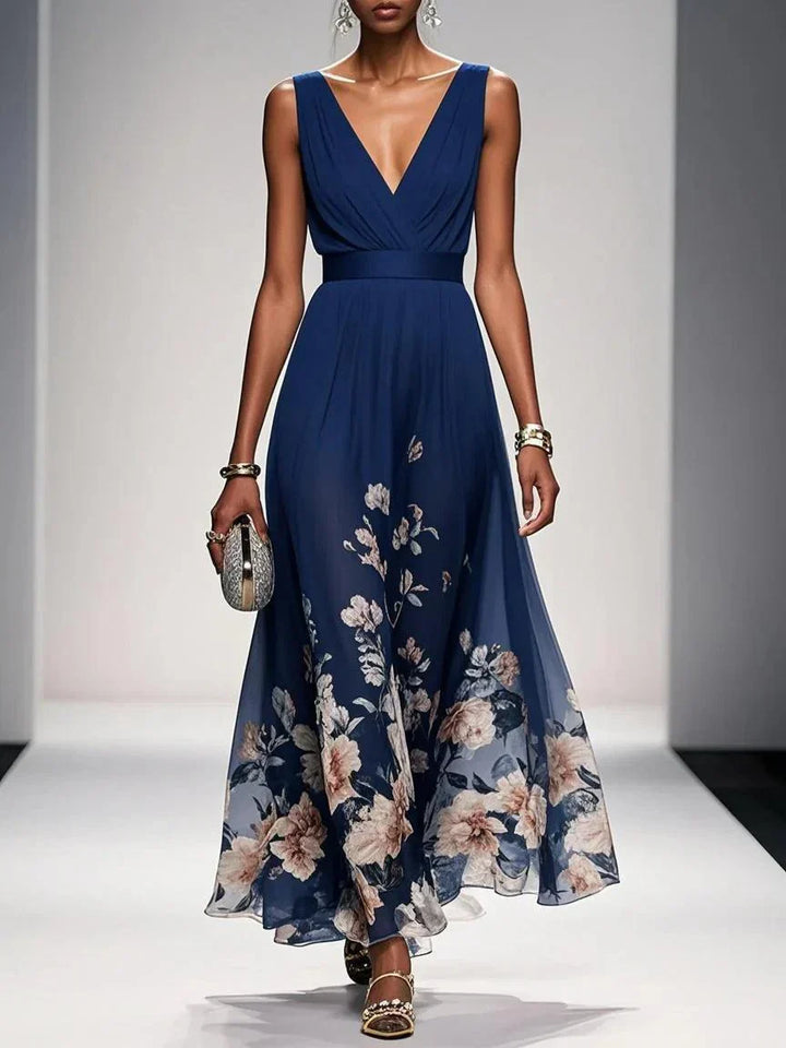Rose | Robe Maxi Chiffon Fleurie V-Col Light Blue