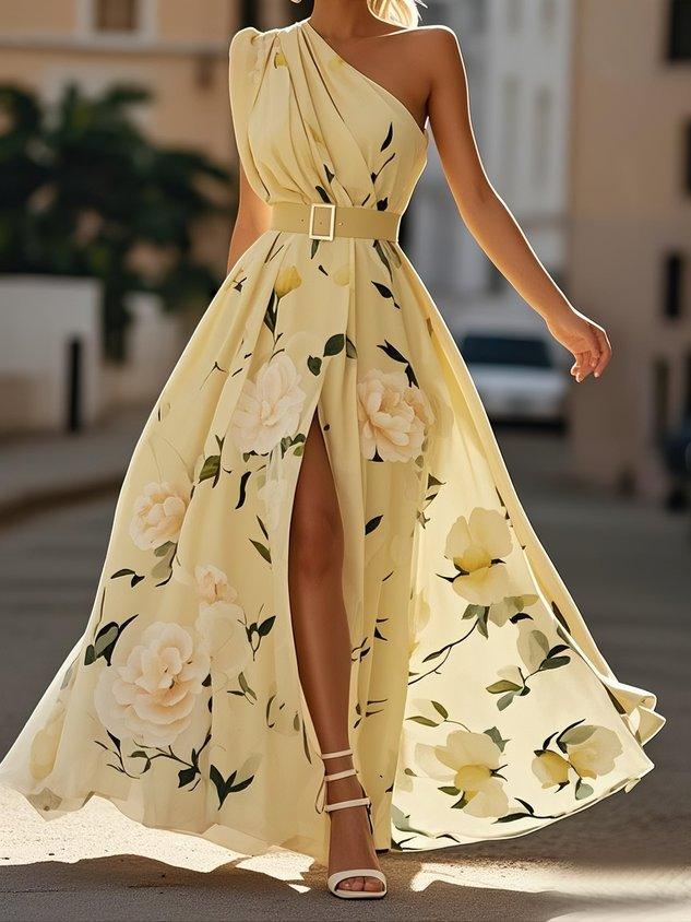 Julie | Robe Maxi Chiffon Floral Vert Clair à Une Épaule