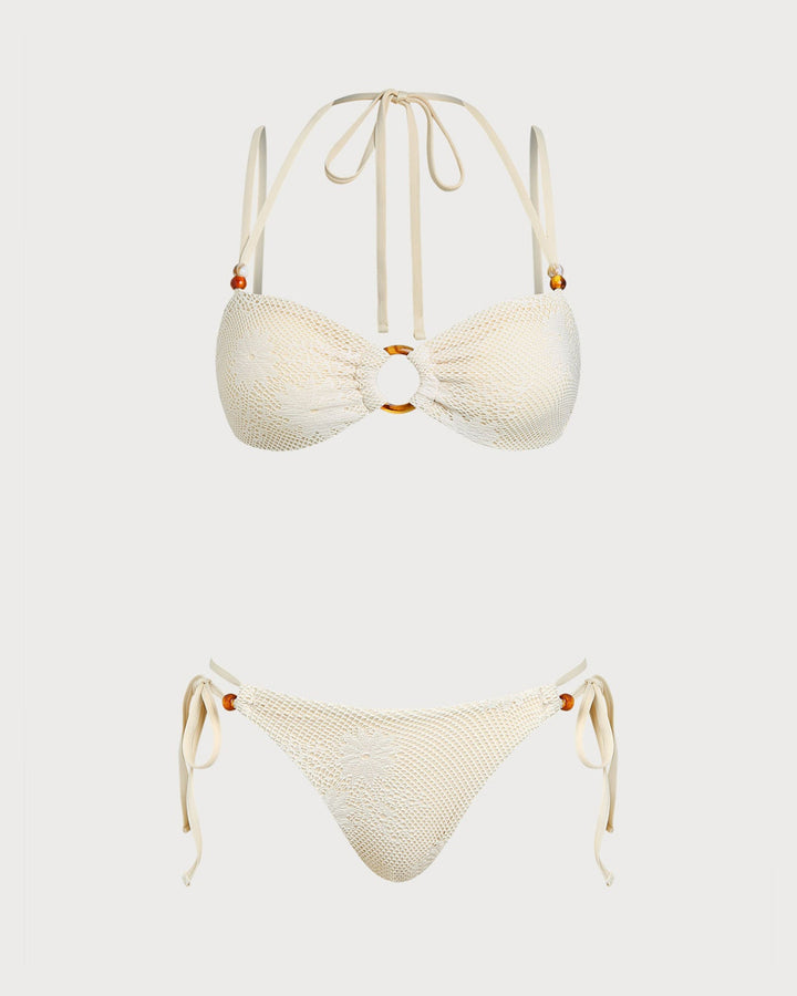 Ensemble de Bikini Bandeau Texturé Beige