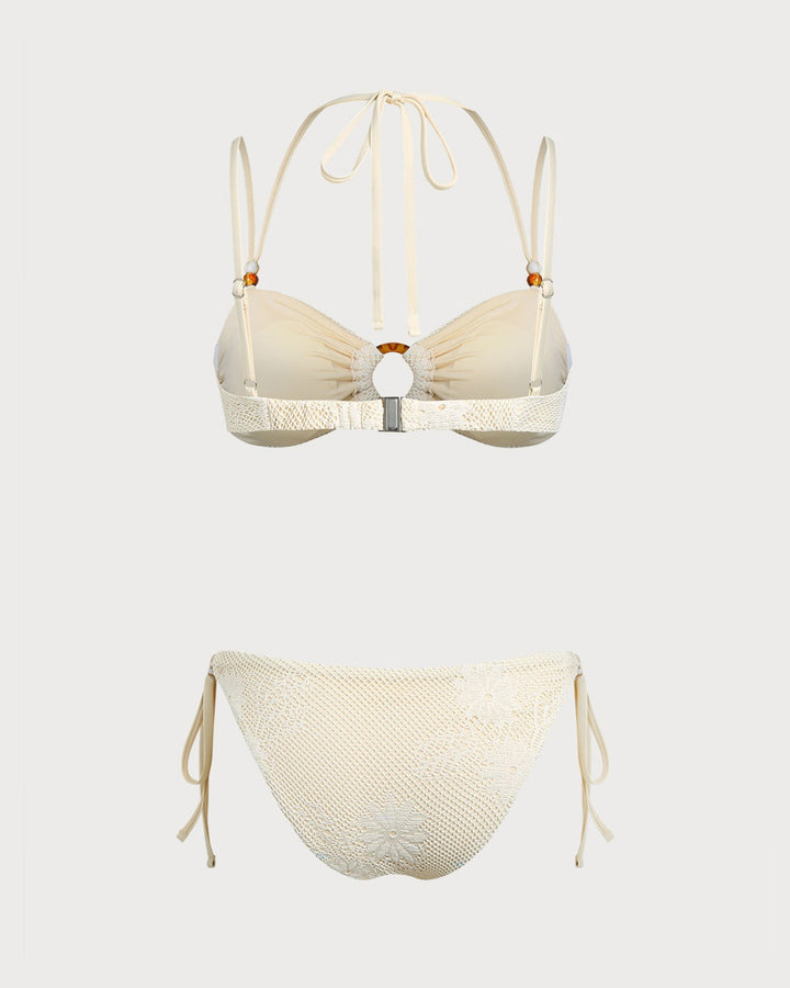 Ensemble de Bikini Bandeau Texturé Beige