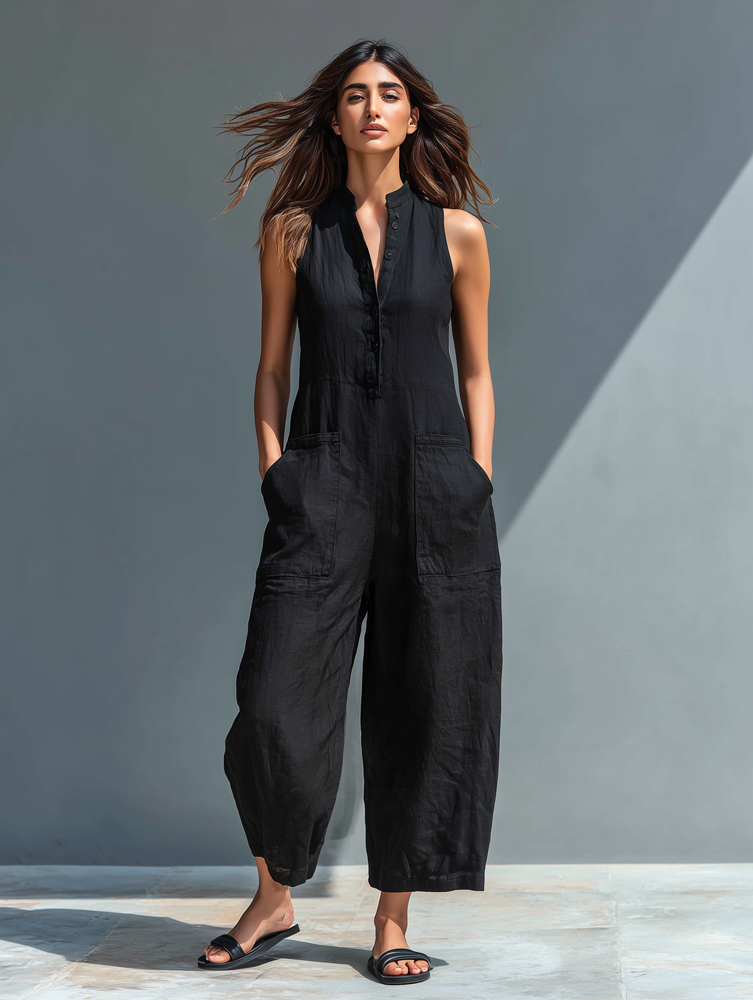 Combinaison Minimaliste Sans Manches pour Femmes avec Col Haut et Boutons