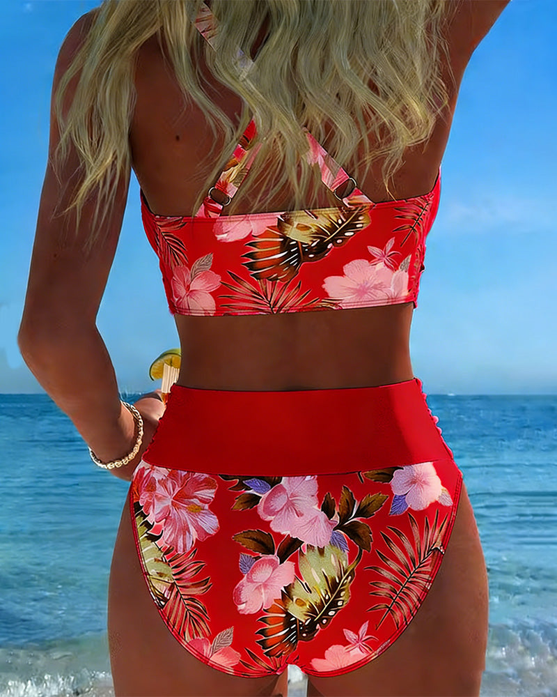 Bikini à imprimé floral contrasté et décolleté