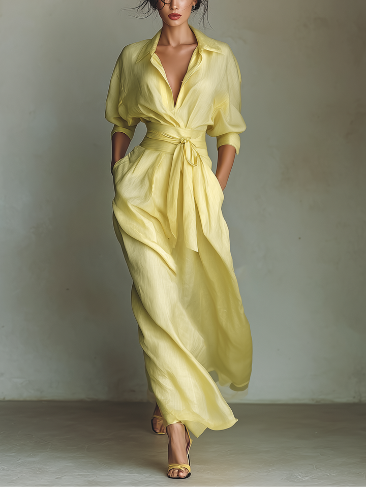 Robe Chemise Maxi pour Femmes en Jaune Citron avec Ceinture à Nouer & Manches Trois Quarts