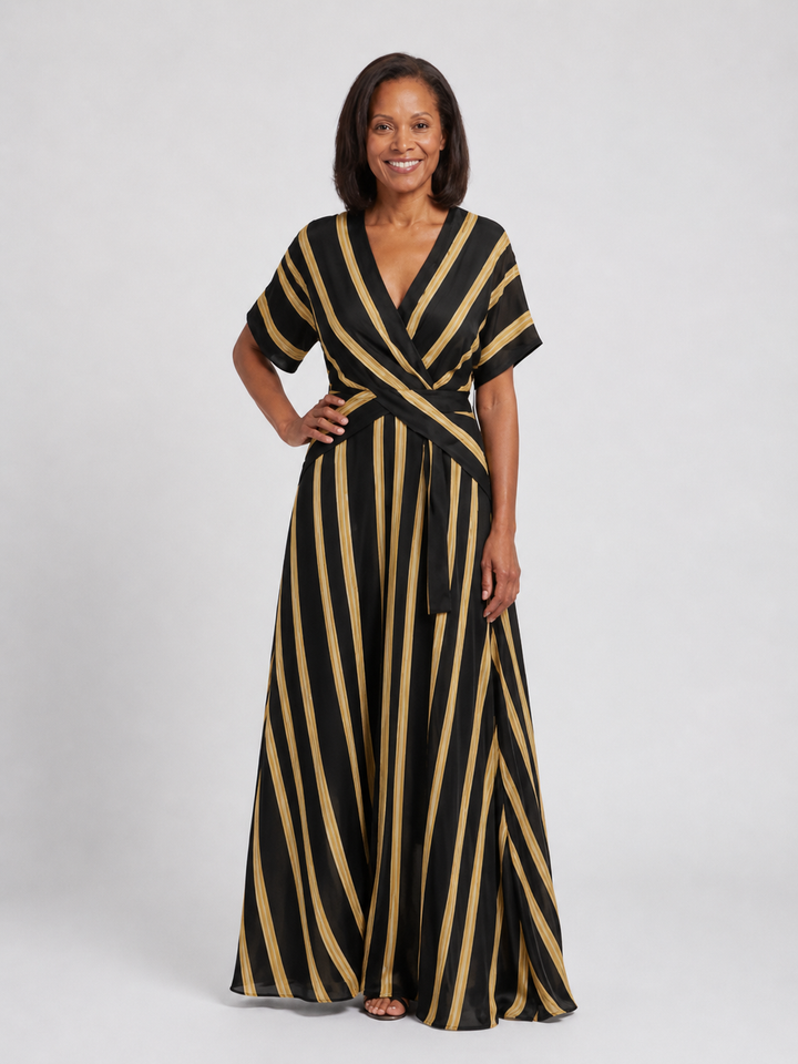 Lina | Robe midi à manches courtes en V à rayures