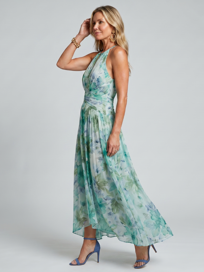 Portia | Robe Midi à Bretelles Plissée avec Motif Floral Doux