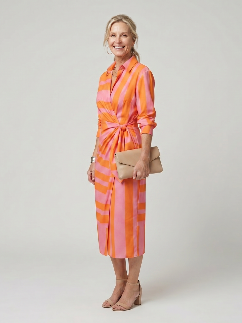 Leya | Robe midi à rayures avec col et manches longues