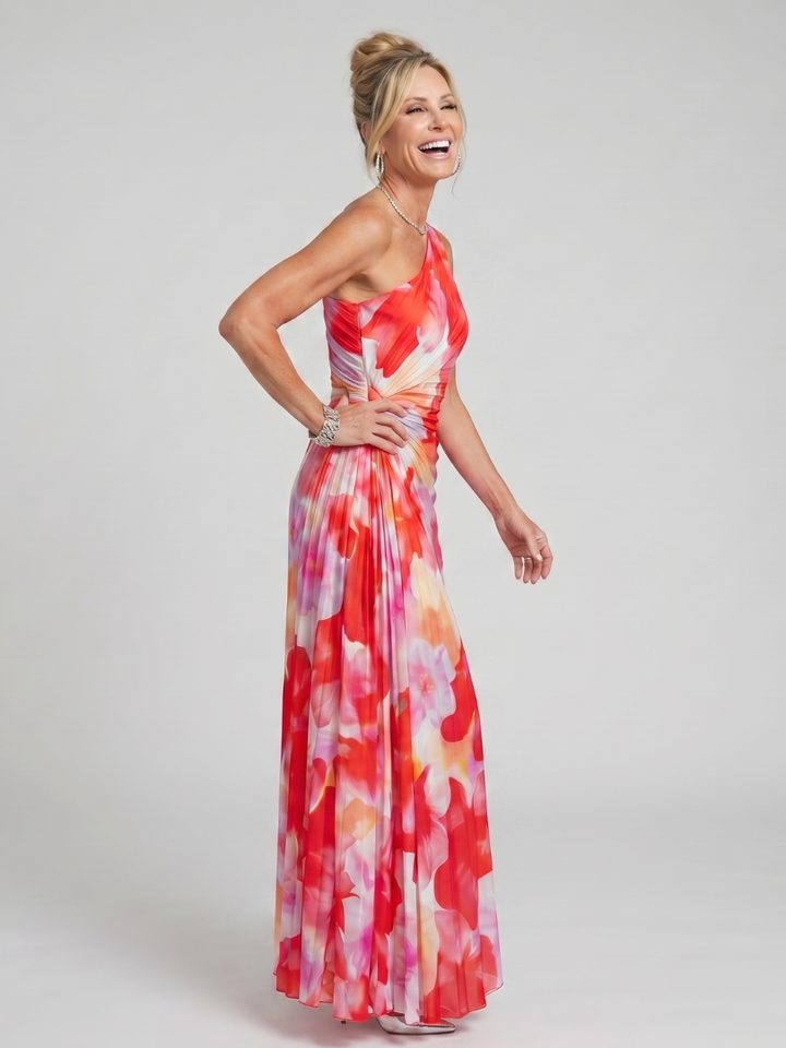 Taya | Robe Midi à Bretelle Unique avec Corsage Plissé