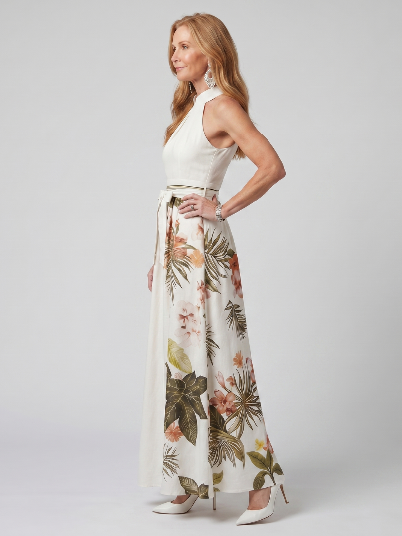 Prairie | Robe maxi à panneau botanique drapée en halter