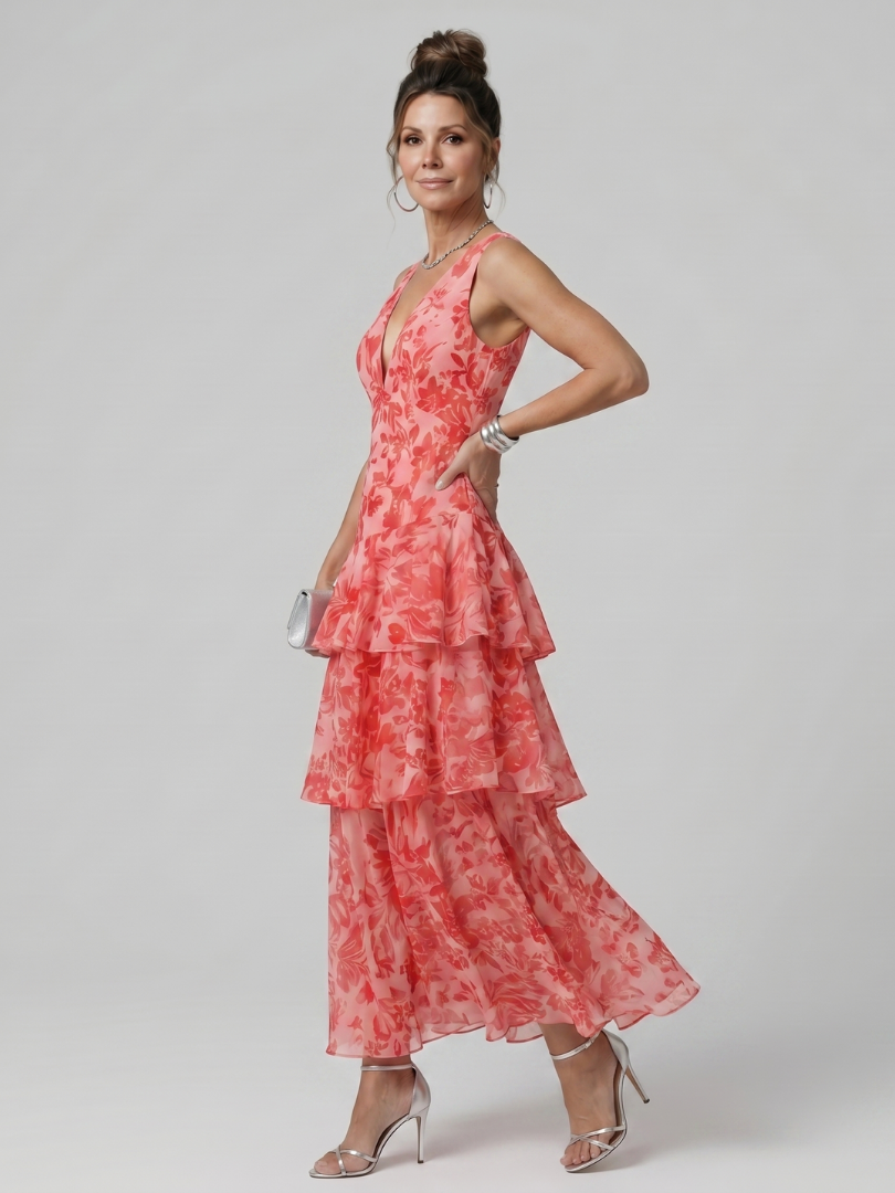 Gala | Robe Midi Sans Manches à Décolleté V Profond avec Motif Peint