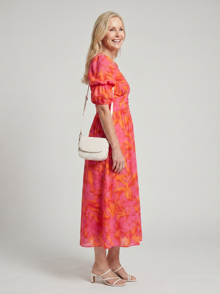 Zarelle | Robe Midi à Manches Bouffantes et Imprimé Floral Audacieux