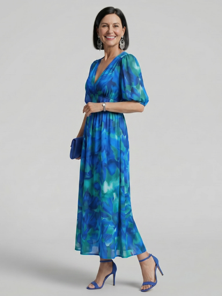 Candlia | Robe Midi à Imprimé Abstrait et Manches Bouffantes en V