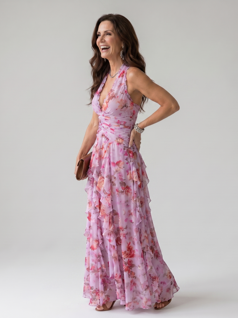 Nori | Robe Maxi Fleurie à Encolure Halter et Corps Froncé