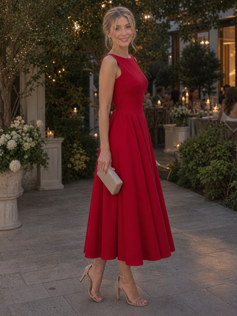 Corane | Robe Midi Sans Manches à Col Rond et Corsage Ajusté