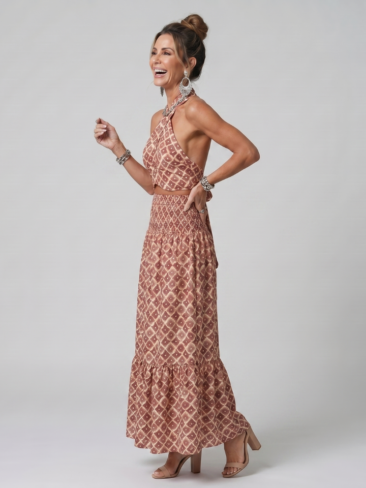 Amira | Robe midi découpée à imprimé géométrique et col croisé